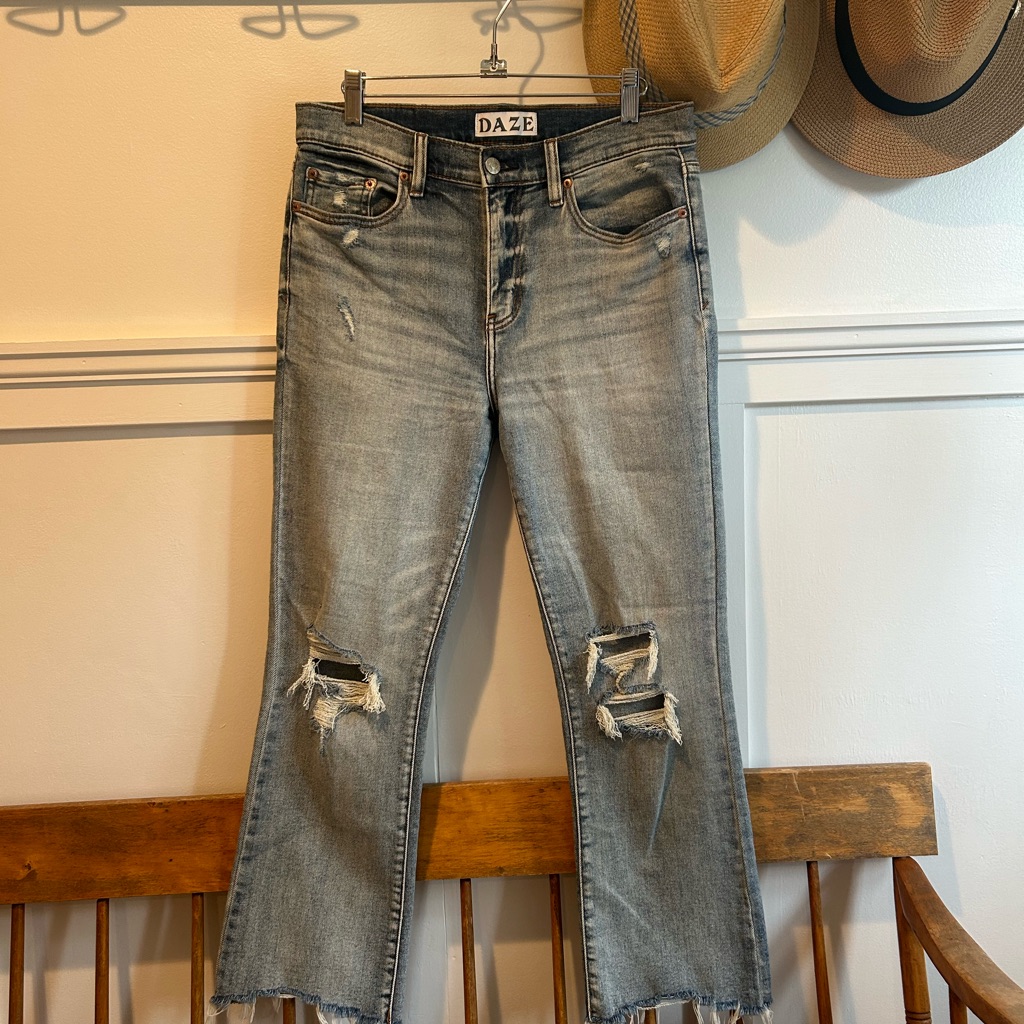 Daze -Cropped, Distressed, Kick Flare Jeans 29
